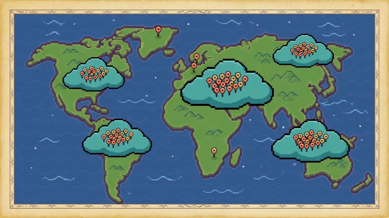 Zoomed out, pins gather into numbered clouds. Tap one to fly in.